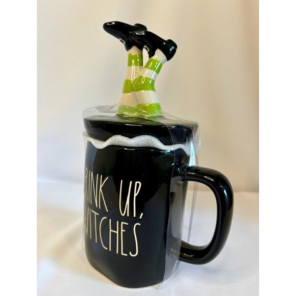 Rae Dunn Mug DRINK UP WITCHES With Witch Legs Topper Black/Green Cup Halloween - Picture 2 of 6
